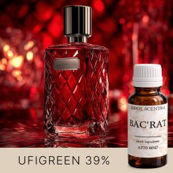 Czerwony flakon perfum na lustrzanym tle.