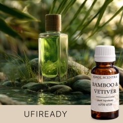 Perfumy umieszczone na skale z liściem obok.