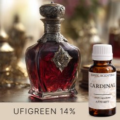 Bogaty flakon perfum z czerwonym płynem.