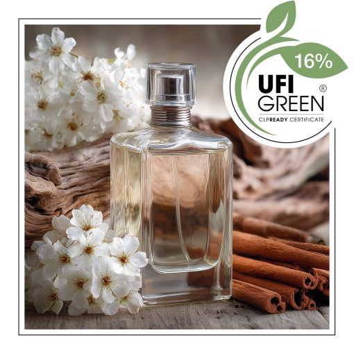 Flakon perfum z kwiatami i drewnem na tle jasnym.
