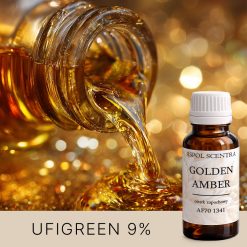 Złoty olej rozlewający się z butelki na tle świateł.