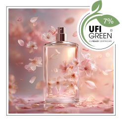 Kwiaty jaśminu i flakon perfum w promieniach słońca.