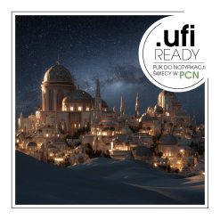 Nocna scena bogato oświetlonego, kopulastego pałacu.