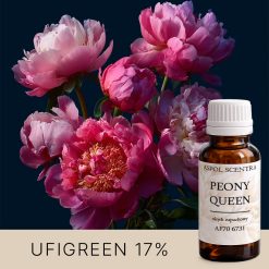 Luksusowy flakon perfum wśród piwonii.