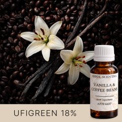 Kwiaty wanilii i ziarna kawy na czarnym tle.