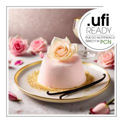 Elegancki różowy deser w kształcie kopuły, udekorowany kremową różą, podany na talerzu ze złotym cukrem - AF70 2610