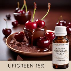 Soczyste wiśnie oblane płynną czekoladą, ułożone na talerzyku z kawałkami czekolady; w tle więcej wiśni - AF70 1330