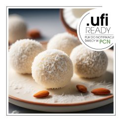 Trufle kokosowe obtoczone w wiórkach kokosowych, na talerzu obok migdałów. - AF70 5985