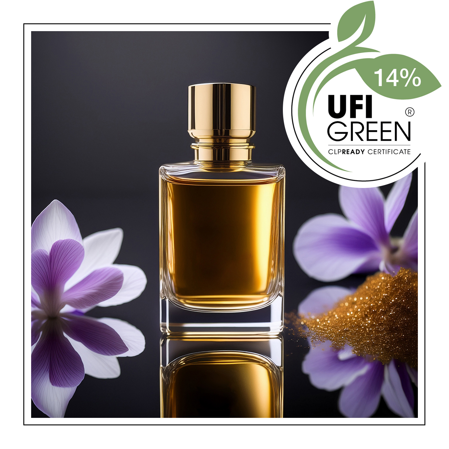 Flakon perfum z bursztynowym płynem, otoczony fioletowymi kwiatami i brokatem - AF70 5450