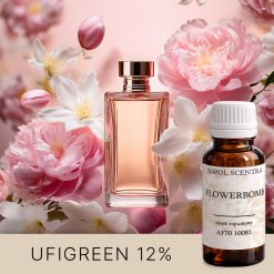 Flakon perfum otoczony różowymi i białymi kwiatami na pastelowym tle. - AF70 10081