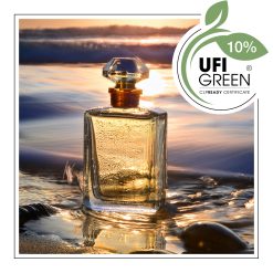 Szklany flakon perfum stojący na plaży w promieniach zachodzącego słońca, otoczony wodą i muszlami. - AF70 7589