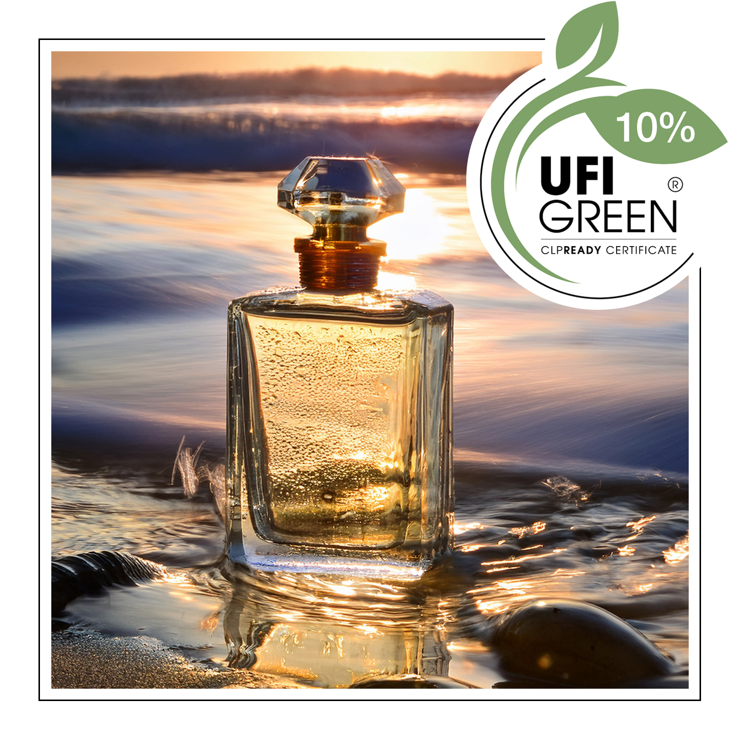 Szklany flakon perfum stojący na plaży w promieniach zachodzącego słońca, otoczony wodą i muszlami. - AF70 7589