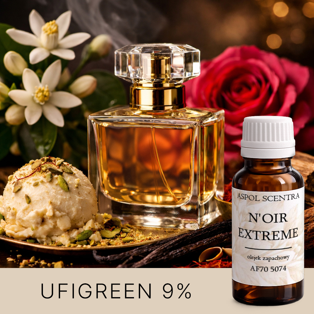 Flakon perfum wśród róży, białych kwiatów, lodów pistacjowych i przypraw.