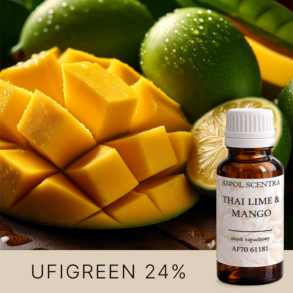 Pokrojone mango i połówka limonki na tle zielonych owoców, w zbliżeniu.